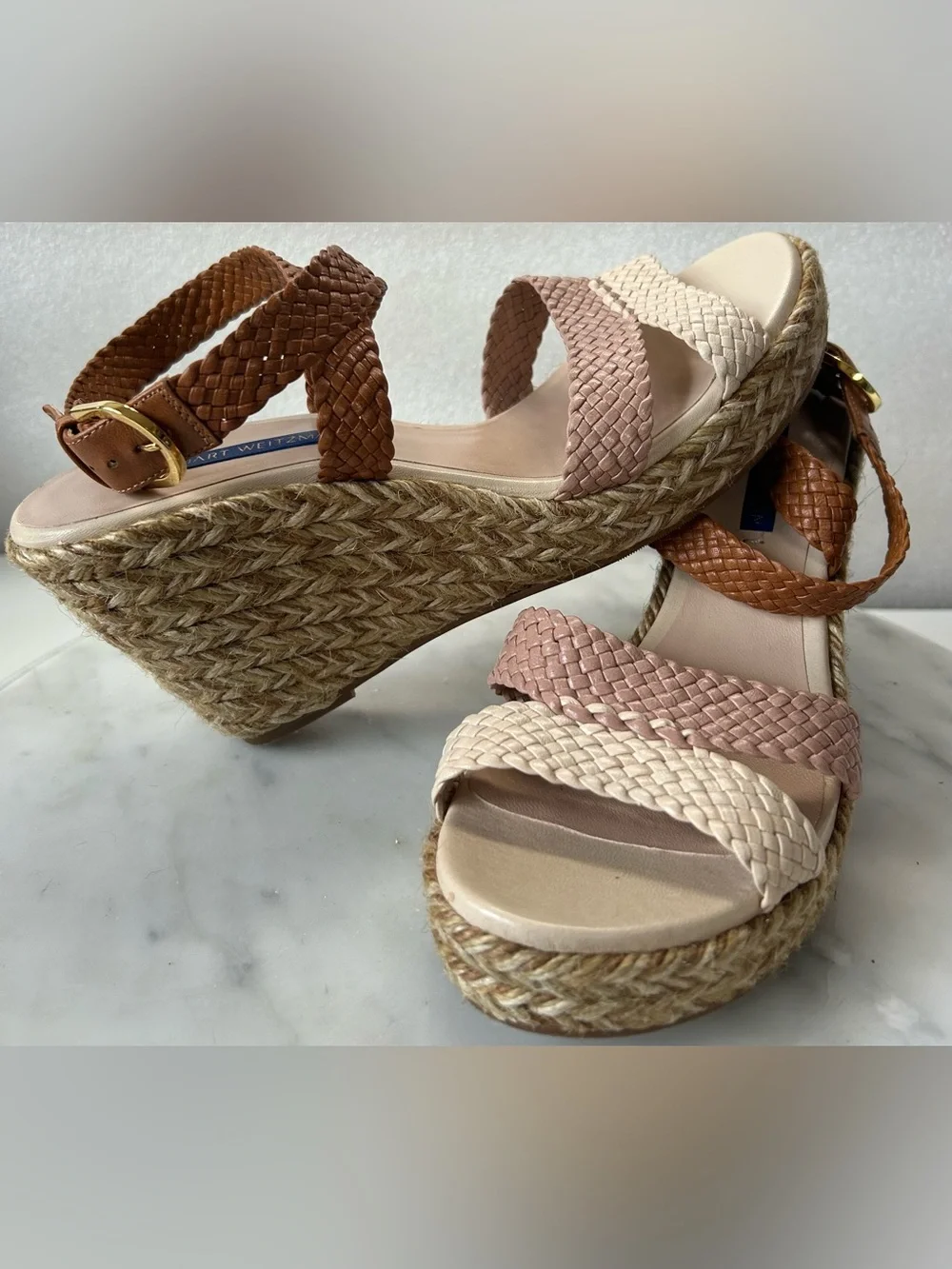 NWOT STUART WEITZMAN Elsie Color-Block Braided Leather Wedge Espadrille Sandals